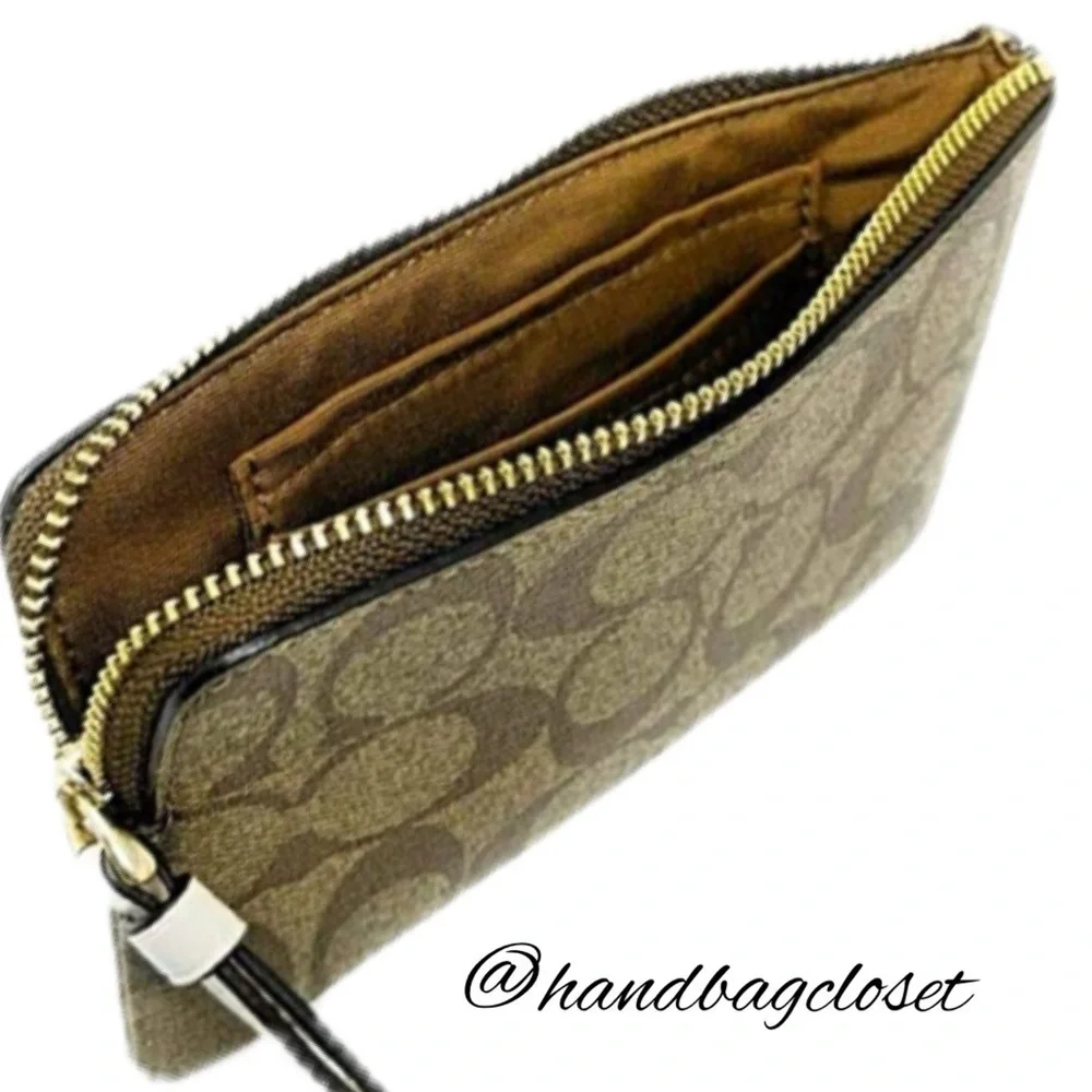 Coach Corner Zip Wristlet In Signature Canvas Color: Gold/KHAKI/CHALK